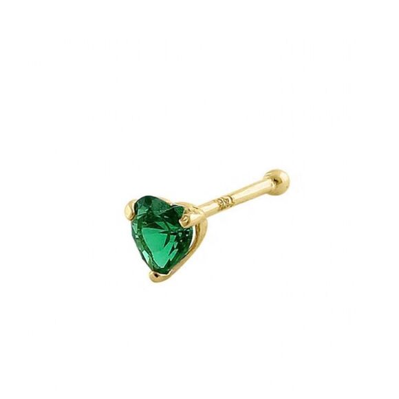Solid 14K Yellow Gold Green Emerald Heart CZ Straight Nose Stud New - Picture 1 of 4
